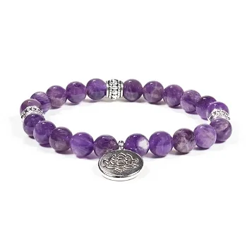 Mala/armband met 21 kralen van amethist met lotus symbool. - 0