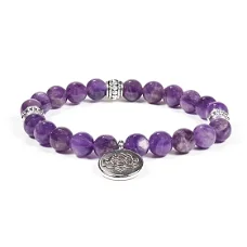 Mala/armband met 21 kralen van amethist met lotus symbool.