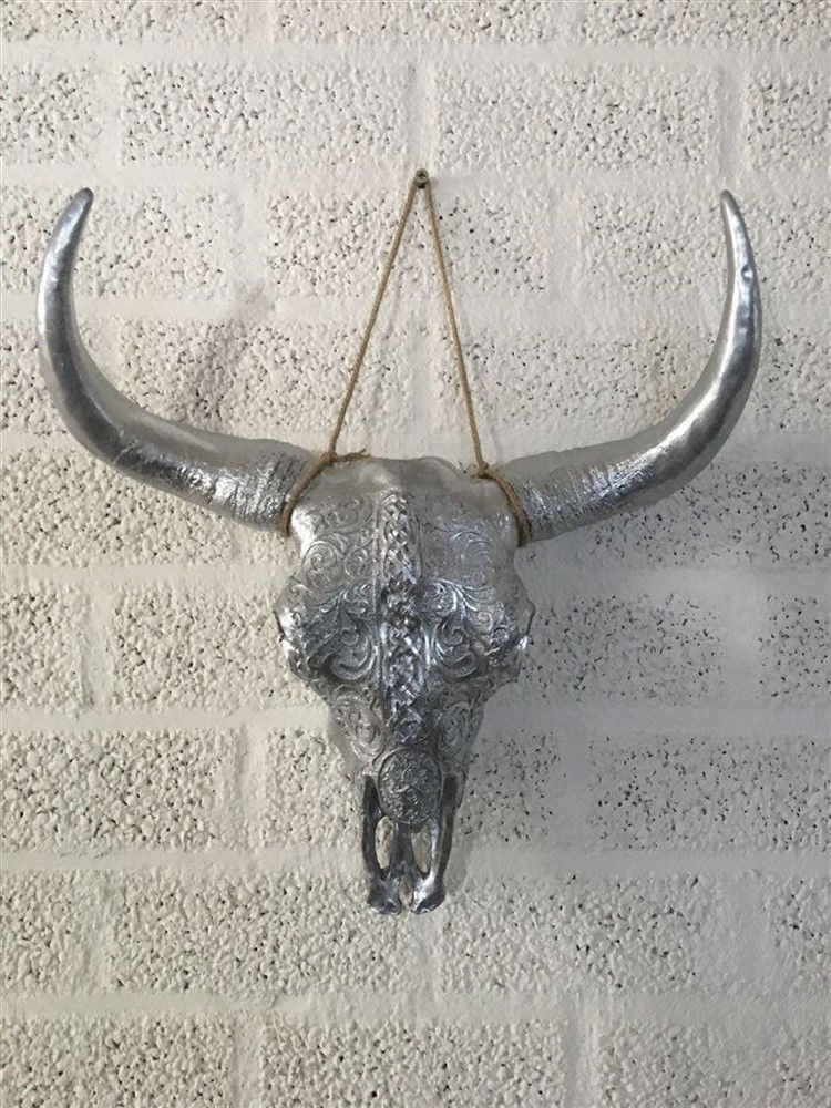 Stierenschedel gesneden in zilver-kleur-hoorns-horens - Afbeelding 5