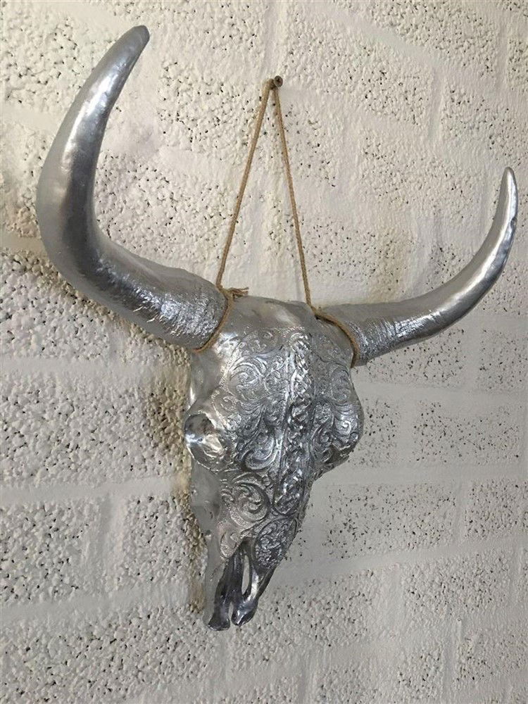 Stierenschedel gesneden in zilver-kleur-hoorns-horens - Afbeelding 8