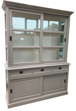 Grijze buffetkast met witte binnenkant zijkanten glas 160 x 220cm
