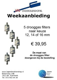 Weekaanbieding 5 LPG drooggas filters naar keuze 12,14 of 16 mm