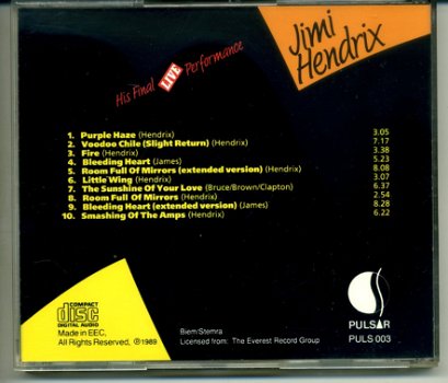 Jimi Hendrix His Final Live Performance 10 nrs cd 1989 ZGAN - 1