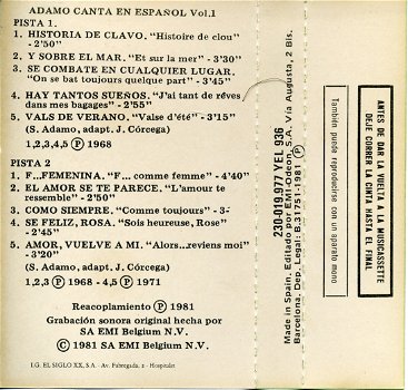 Adamo Canta en Espanol vol. 1 cassette made in SPAIN ZGAN - 2