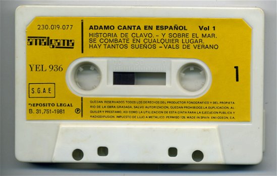 Adamo Canta en Espanol vol. 1 cassette made in SPAIN ZGAN - 3