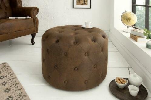 Poef Chesterfield 60cm vintage bruin rond - 0