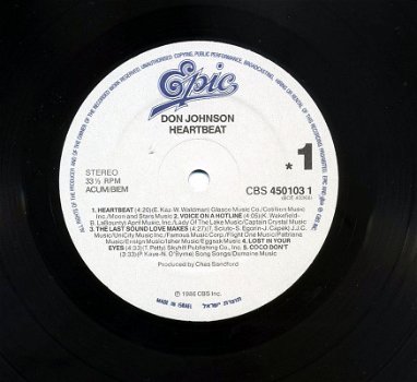 Don Johnson Heartbeat 10 nrs LP 1986 made in Israël ZGAN - 2