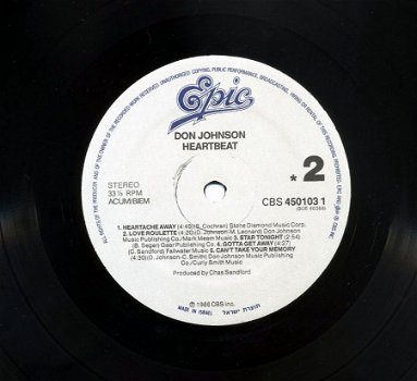 Don Johnson Heartbeat 10 nrs LP 1986 made in Israël ZGAN - 3