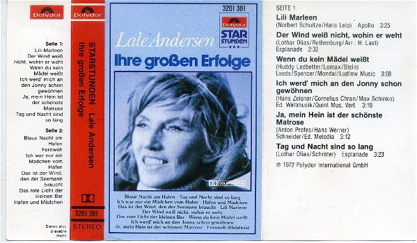 Lale Andersen Ihre grossen Erfolge 12 nrs cassette 1972 ZGAN - 1