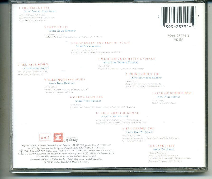 Emmylou Harris duets 12 nrs cd 1997 ZGAN - Afbeelding 2
