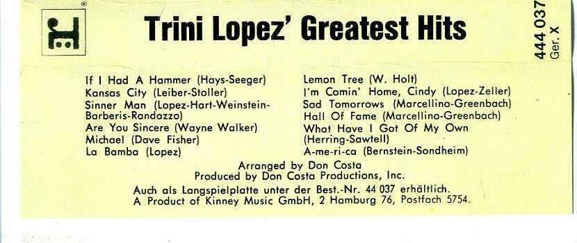 Trini Lopez Greatest Hits 14 nrs cassette 1969 ZGAN - 2