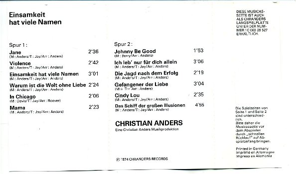 Christian Anders Einsamkeit Hat Viele Namen 12 nrs cassette 1974 ZGAN - 2