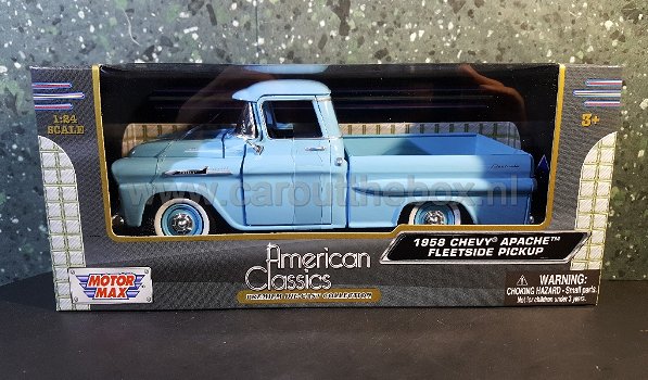 1958 Chevy Apache fleetside pickup blauw 1:24 Motormax - 3