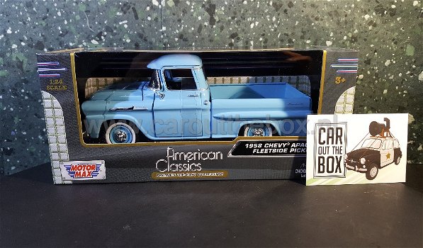 1958 Chevy Apache fleetside pickup blauw 1:24 Motormax - 4