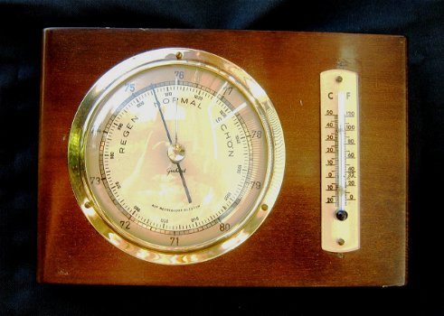Baro-/thermometer,messing rand,hoogglans,hout,notenkl,zgst - 0