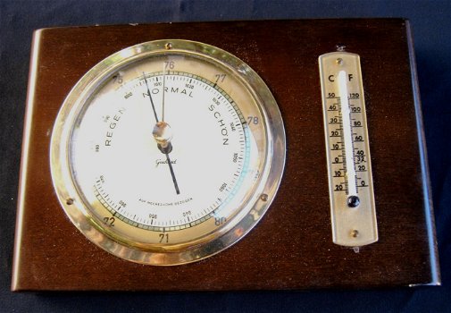 Baro-/thermometer,messing rand,hoogglans,hout,notenkl,zgst - 5