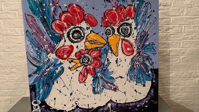 Kippige kippen trio “kunst 80x80 3 d frame “ - nr. 1