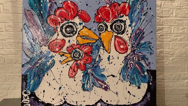 Kippige kippen trio “kunst 80x80 3 d frame “ - Afbeelding 5