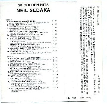 Neil Sedaka 20 Golden Hits cassette 1981 ZGAN - 2