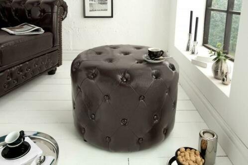 Poef Chesterfield 60cm vintage donkere koffie rond - 0