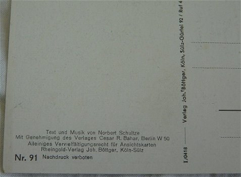 Postkaart Liederen / Postkarte, Das Lied vom deutschen U-Boot-Mann, Kaartnummer 91, jaren'40. - 3