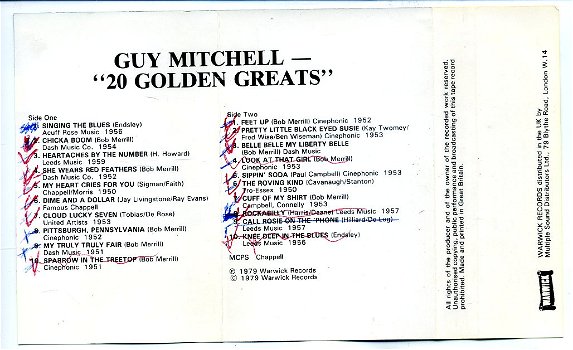 Guy Mitchell 20 Golden Greats cassette 1979 ZGAN - 2