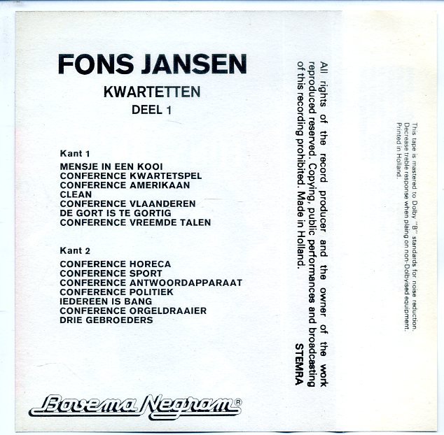 Fons Jansen Kwartetten 1 & 2 23 nrs cassette 1977 ZGAN - Afbeelding 3