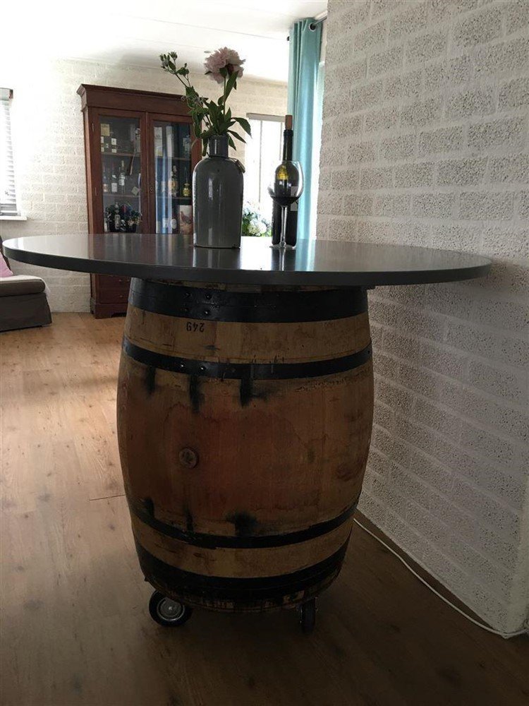 Wijnvat hout, origineel uit Frankrijk, als statafel! - Afbeelding 7