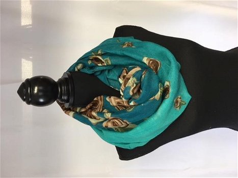 Col sjaal met bloemen petrol kleur - 0