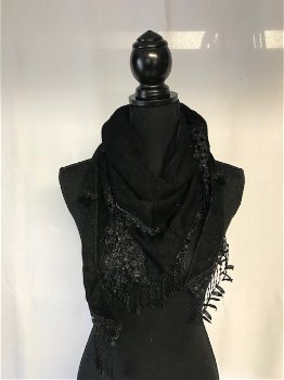 Driehoek sjaal met bont zwart - 0