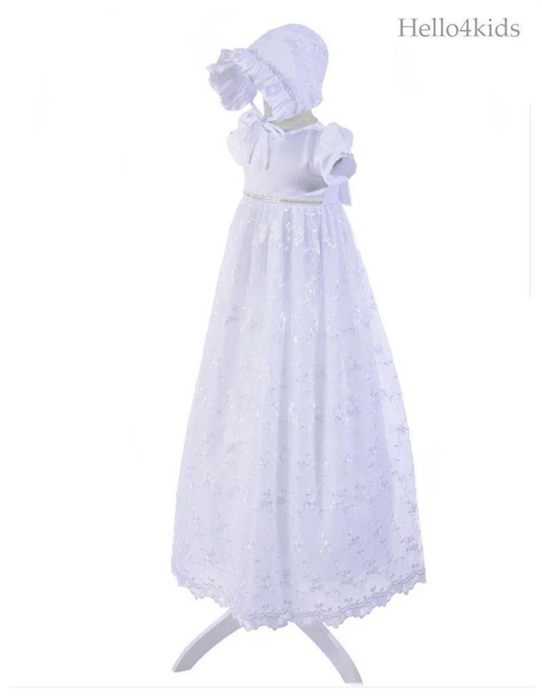 62 lange witte kanten doopjurk strass en parel doopkleding - Afbeelding 3