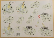 3D Knipvel RELIËF (A4) --- TBZ 579193 --- Champagne en witte bloemen