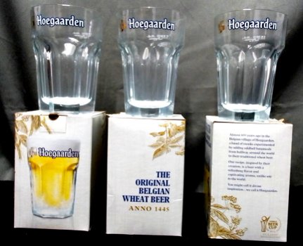 3 Hoegaarden witbierglazen,0.25 l tapmaat, NIEUW, orig. doos - 0