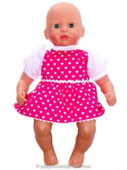 Annabel 36 cm Jurksetje fuchsia/wit/hartjes
