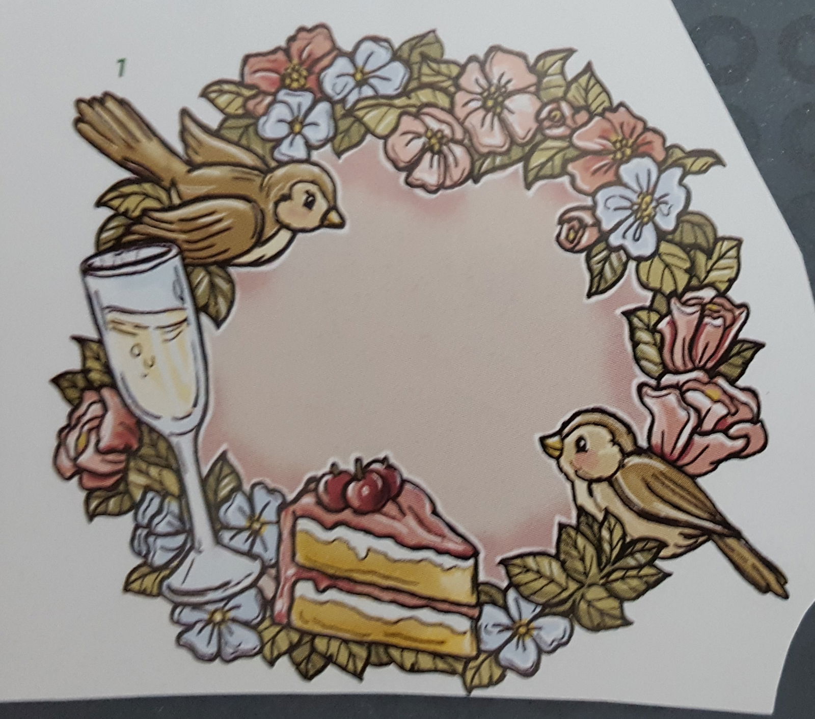 3D kaart --- Vogels in een bloemenkrans met champagne en gebak - Afbeelding 3