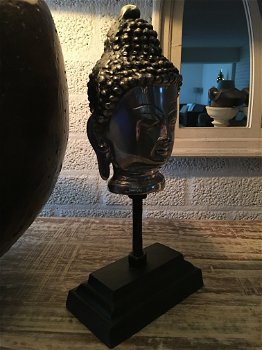 Boeddha hoofd op metalen statief, aluminium - 0
