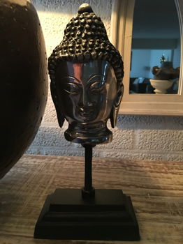 Boeddha hoofd op metalen statief, aluminium - 1
