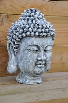 Indonesische Boeddha-hoofd, polystein-grijs - 0