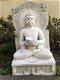 Stenen Boeddha beeld, tuinbeeld van een Boeddha op troon - 4 - Thumbnail