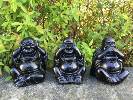 Zwarte boeddha beelden - horen, zien en zwijgen - steen - 0