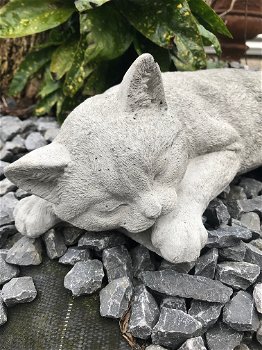 Slapende kat / poes - levensecht dierenbeeld, steen, tuinbeeld - 1