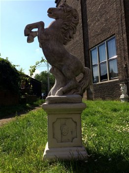Groot paard op sokkel, tuinbeeld van steen, steigerend paard - 0