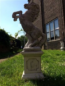 Groot paard op sokkel, tuinbeeld van steen, steigerend paard