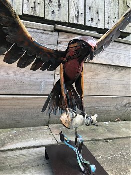 Een metalen kunstwerk van een adelaar die een vis vangt, ''IRON EAGLE'' - 5