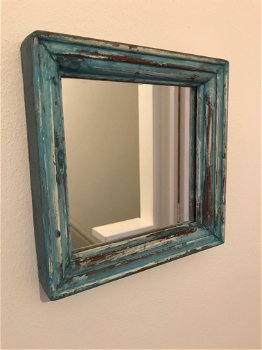 Vintage spiegel, vierkante spiegel in old-dutch look, houten omlijsting - 3
