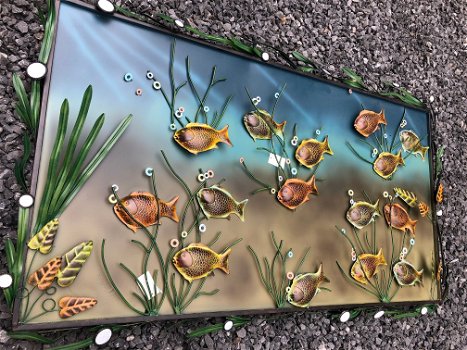 Metalen aquarium vol met vis, wandornament - 5