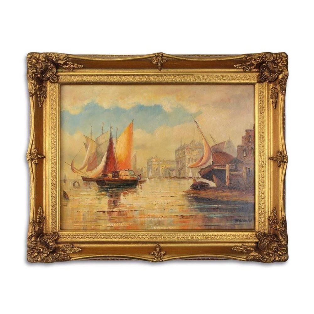 Olieverf schilderij in lijst met zeilschepen op water. - nr. 1
