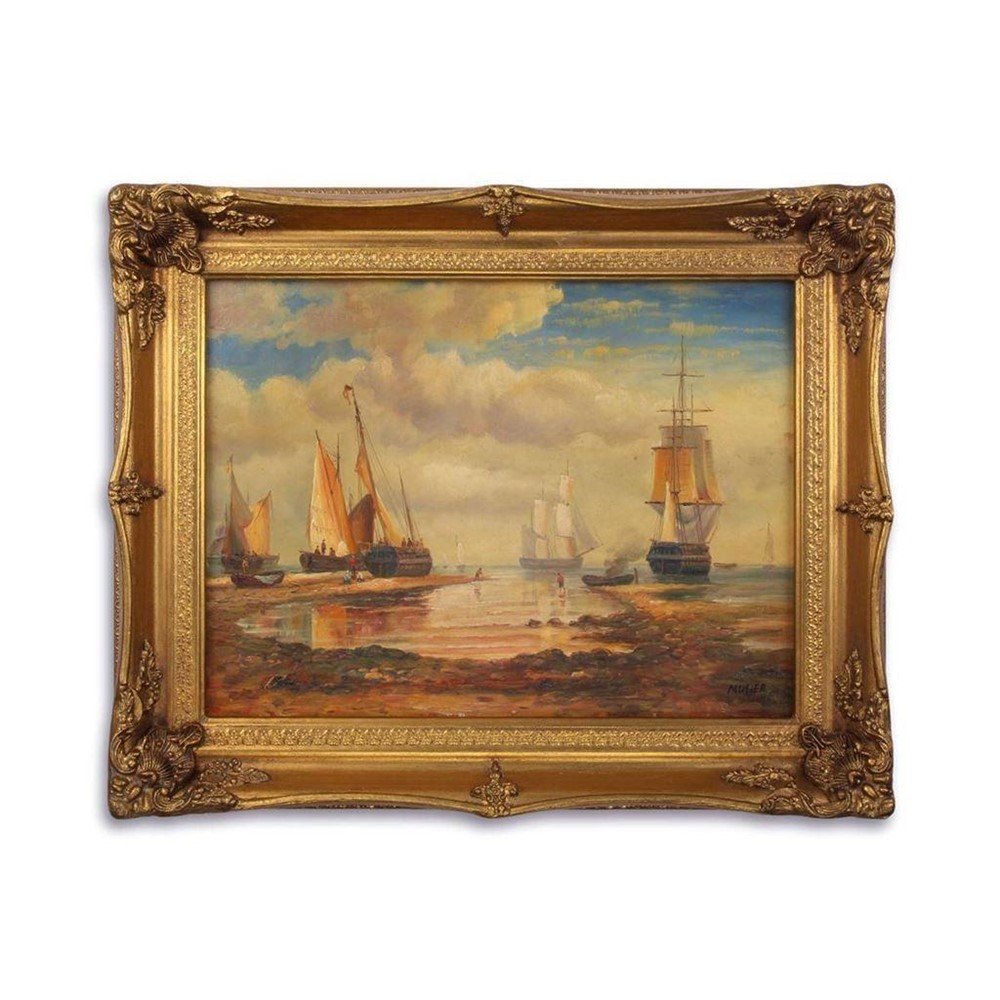 Olieverf schilderij in lijst zeezicht met zeilschepen.- kado - nr. 1