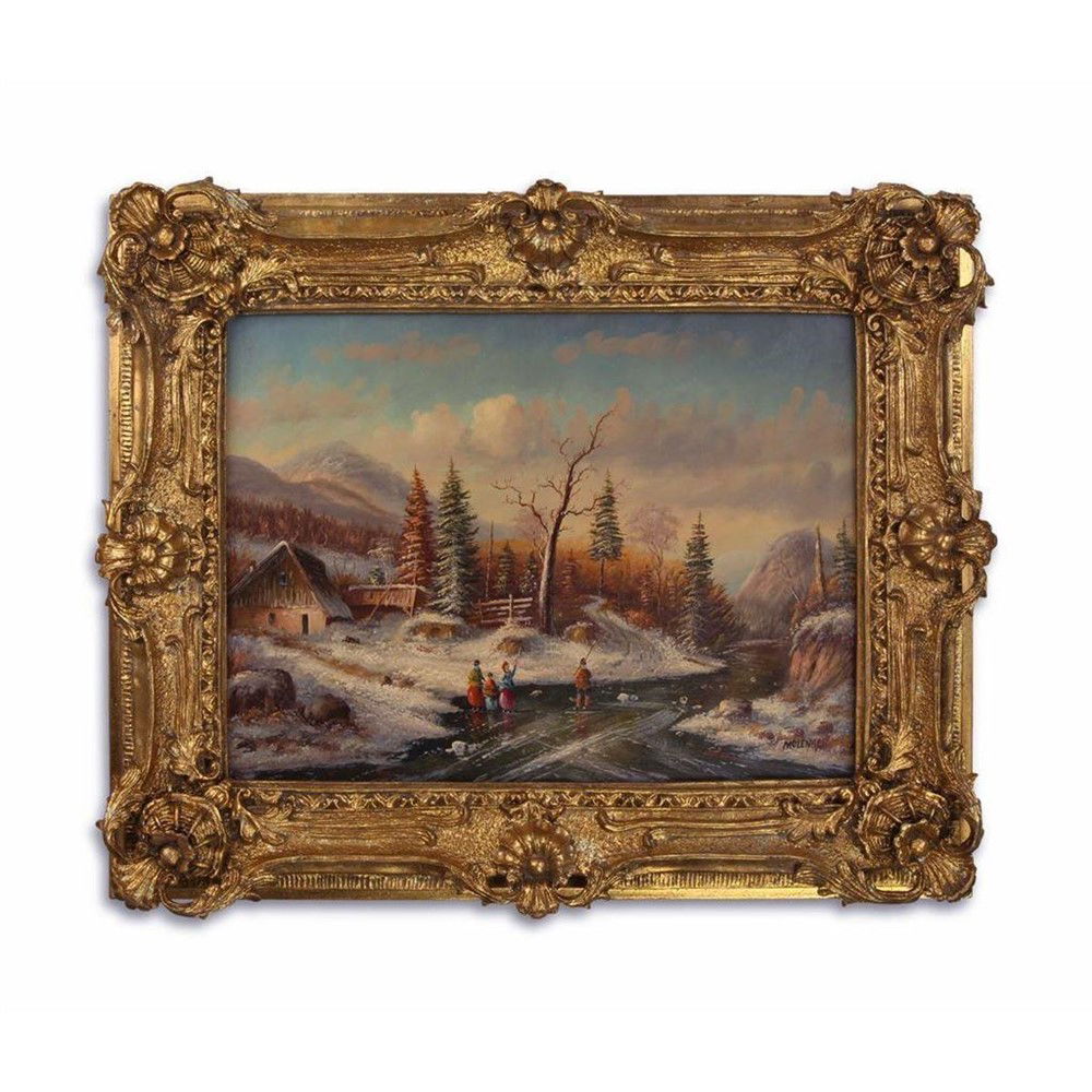 schilderij in lijst, prachtig oud winters landschap-deco - nr. 1