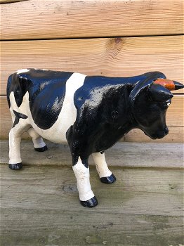 Koe beeld, sculptuur metalen zwart bont koe, spaarpot - 4